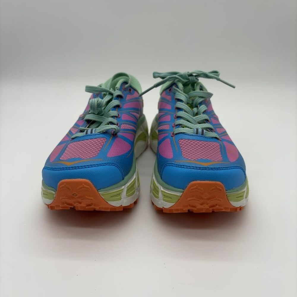 Hoka Women's Athletic Sneakers in Blue, Pink & Green with Orange Soles